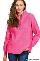 Zenana Ribbed Two-Tone Half Zip Sweater in Hot Pink/Candy Pink