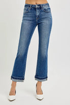RISEN Dark Washed Mid Rise Ankle Straight Cuffed Jeans