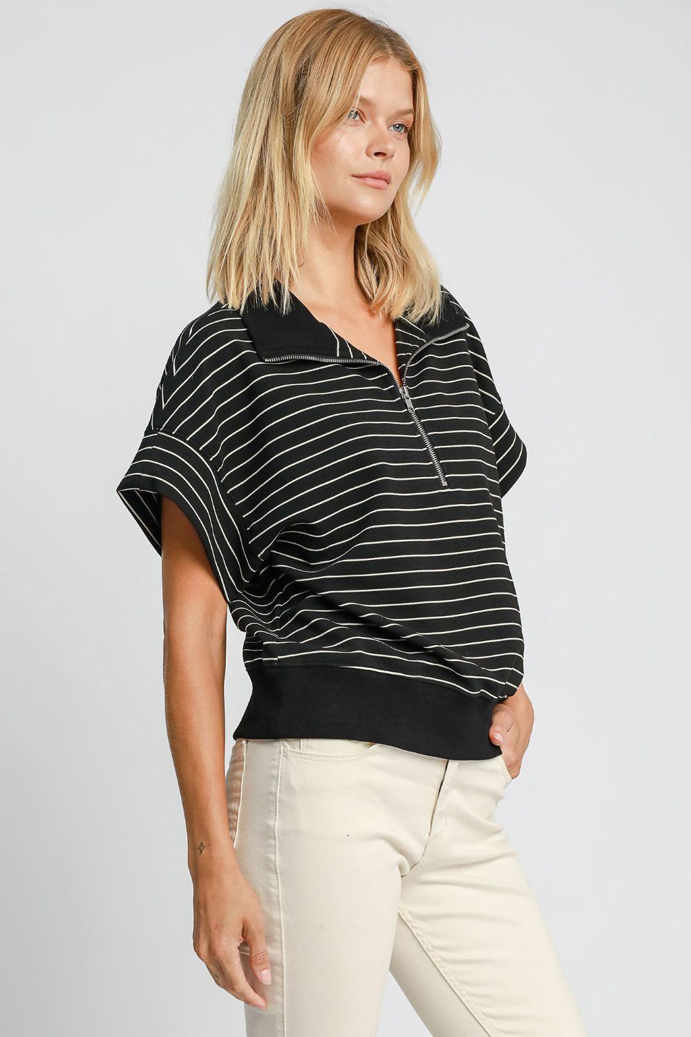 Umgee Black Striped Half Zip Short Sleeve Sweatshirt Shirts & Tops