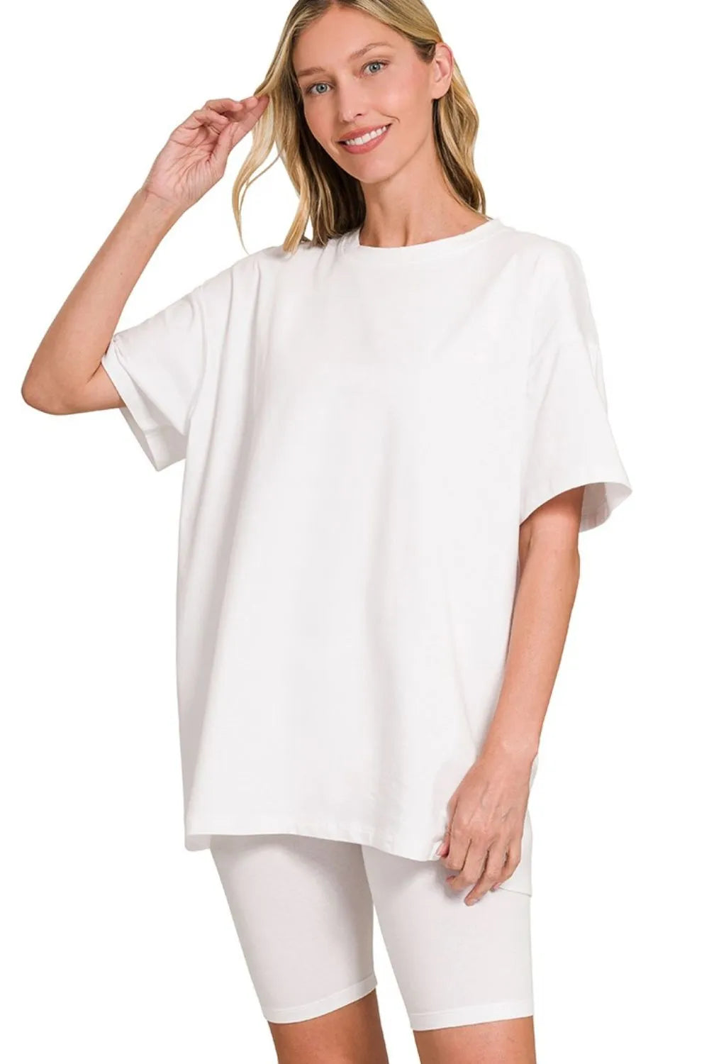 Zenana White Cotton Round Neck Top & Biker Shorts WHITE