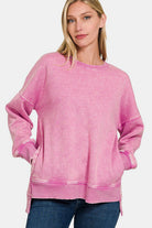 Zenana Dusty Pink High-Low Acid Washed Fleece Sweatshirt Shirts & Tops