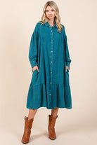 Mittoshop Topaz Blue Mineral Wash Cotton Gauze Ruffle Midi Shirt Dress