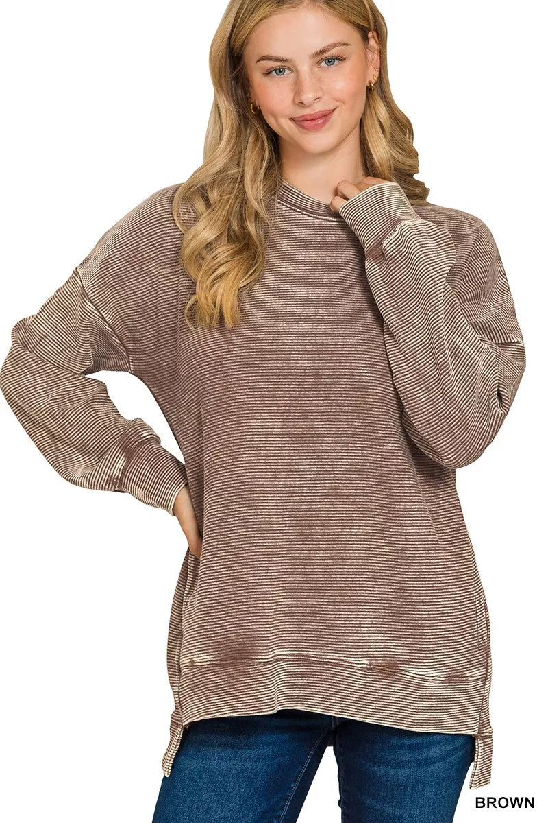 Zenana Brown Acid Washed Double Ribbed Hi-low Sweatshirt BROWN