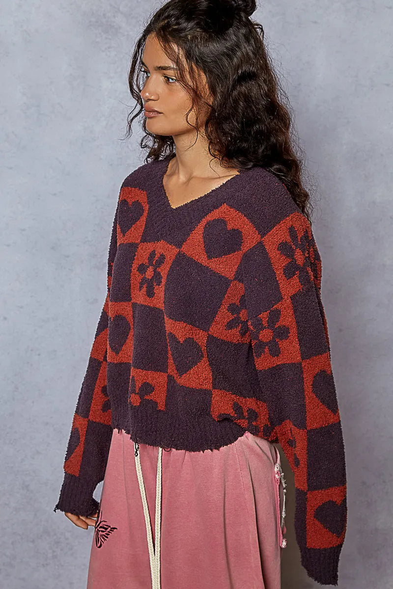 POL Burgundy V-Neck Heart Pattern Checkered Sweater