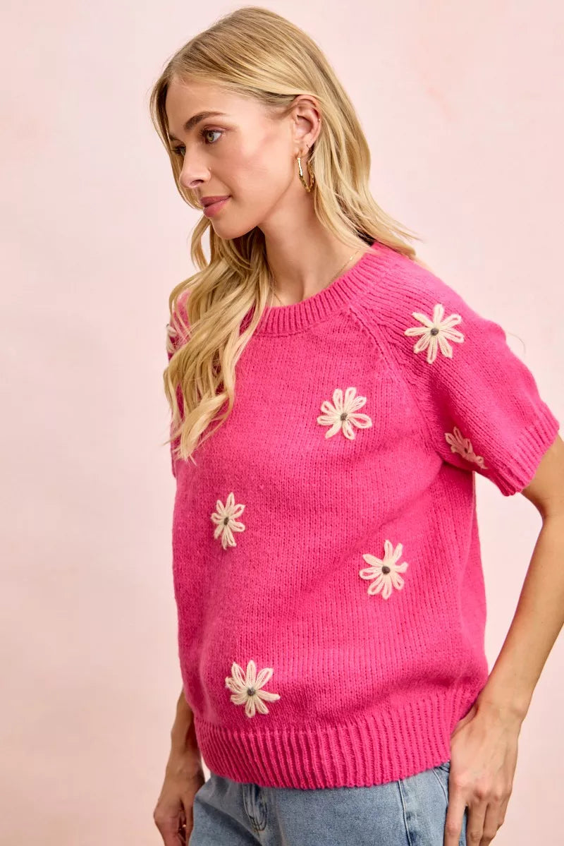 BiBi FuchsiaFlower Embroidered Short Sleeves Knit Top