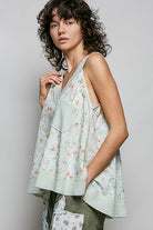 POL Sage Multi Floral V-Neck Tank with Front Pocket
