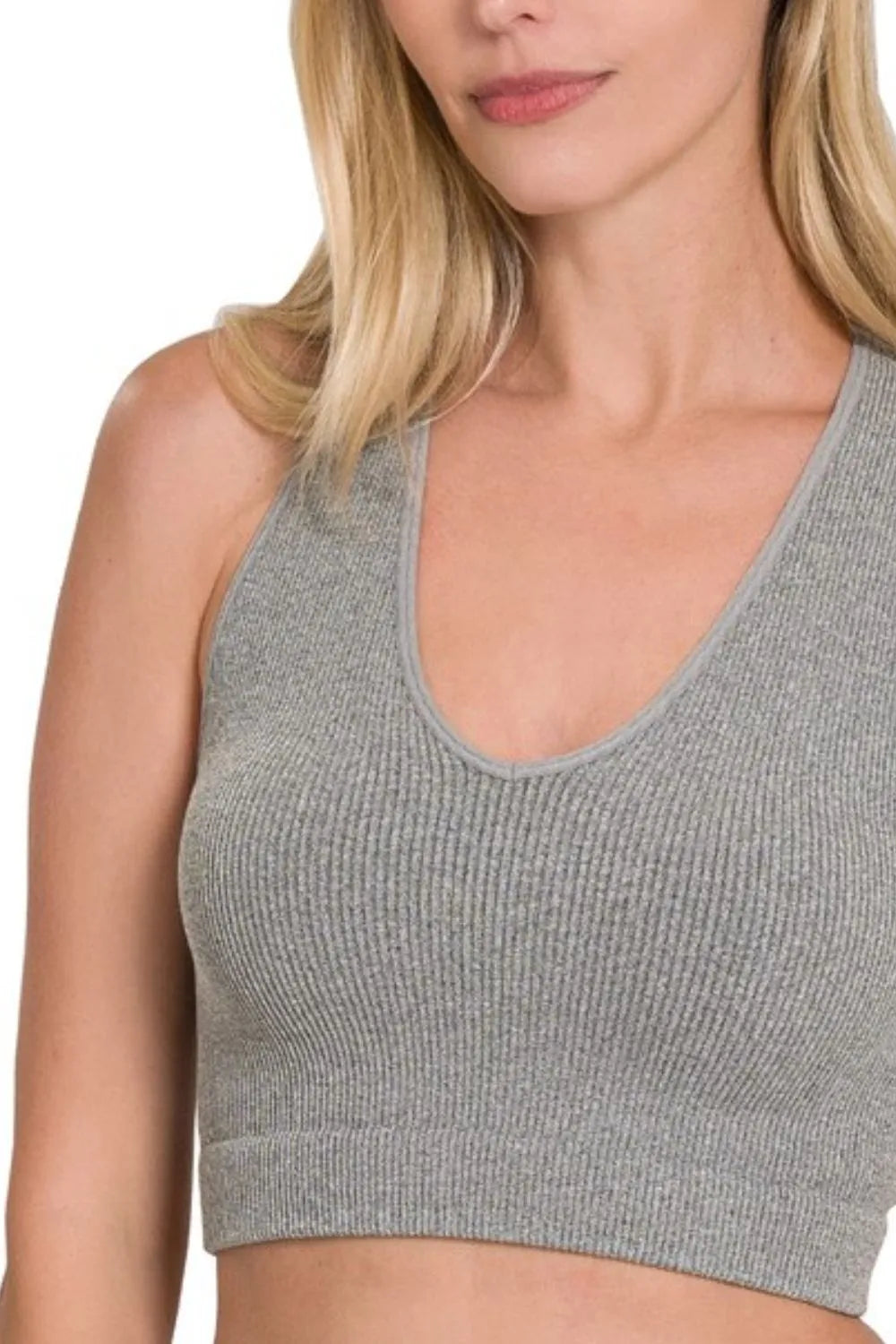 Zenana Heather Gray Seamless Ribbed Cropped Racerback Tank Top