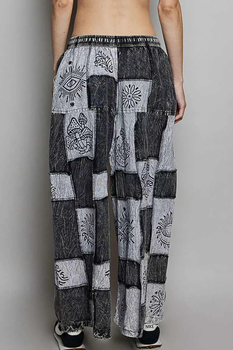 POL Black Multi Drawstring Bohemian Patchwork Wide Leg Pants
