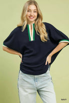 Umgee Textured Knit Top with Striped Contrast Trim NAVY