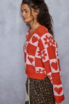 POL Cherry Red & Pink V-Neck Heart Pattern Checkered Sweater