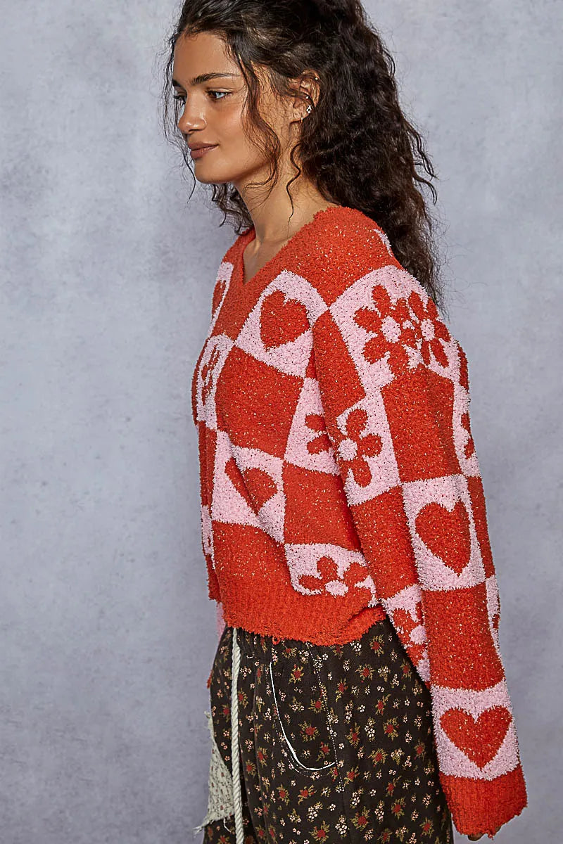 POL Cherry Red & Pink V-Neck Heart Pattern Checkered Sweater