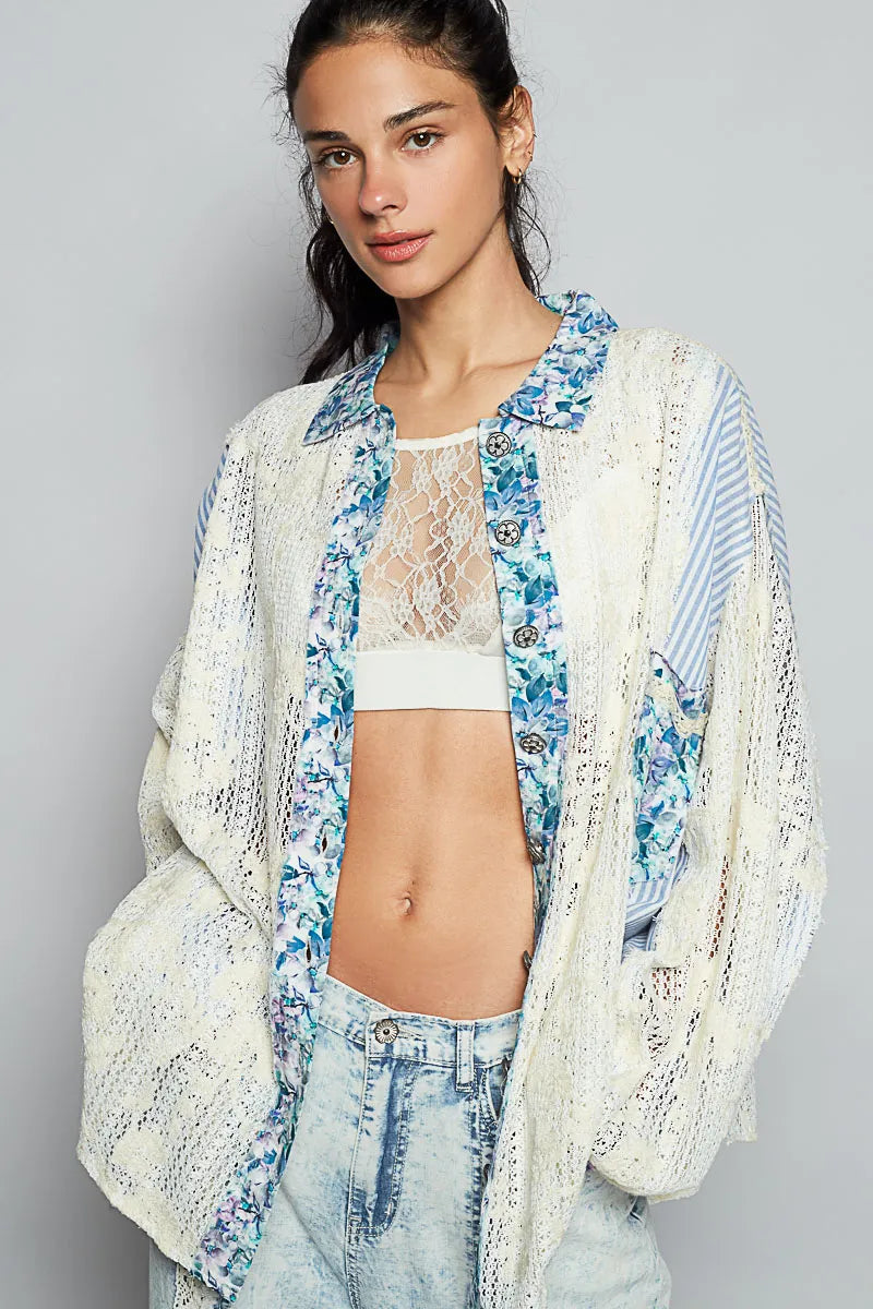 POL Blue Lace Long Sleeve Shirt with Floral and Striped Pattern Cerulean