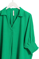 Zenana Kelly Green Airflow Collar Tee with Smocked Sleeve Band Top