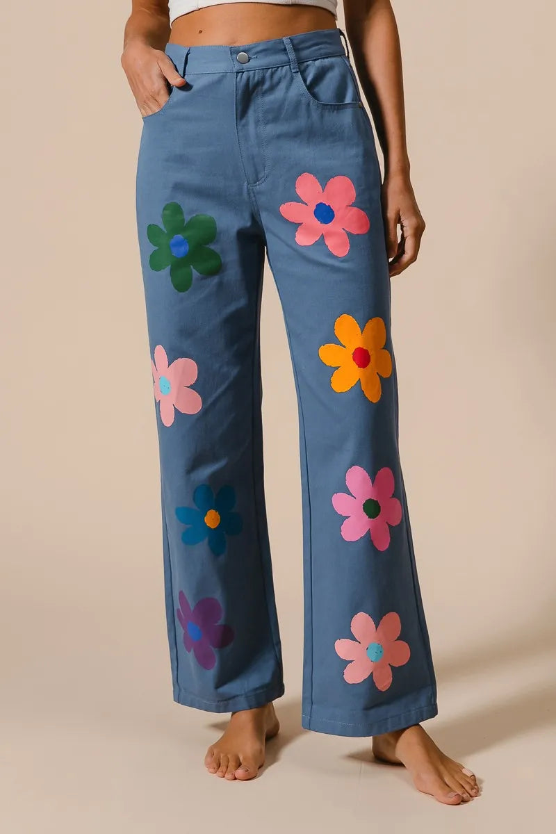 BiBi Flower Print Straight Legs Denim Pants