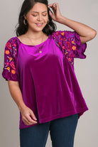 Umgee Violet Velvet Embroidery Short Sleeve Blouse Shirts & Tops