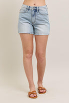 Judy Blue Light Washed Rigid Front Frayed Hem High Rise Denim Magic Shorts with Pockets