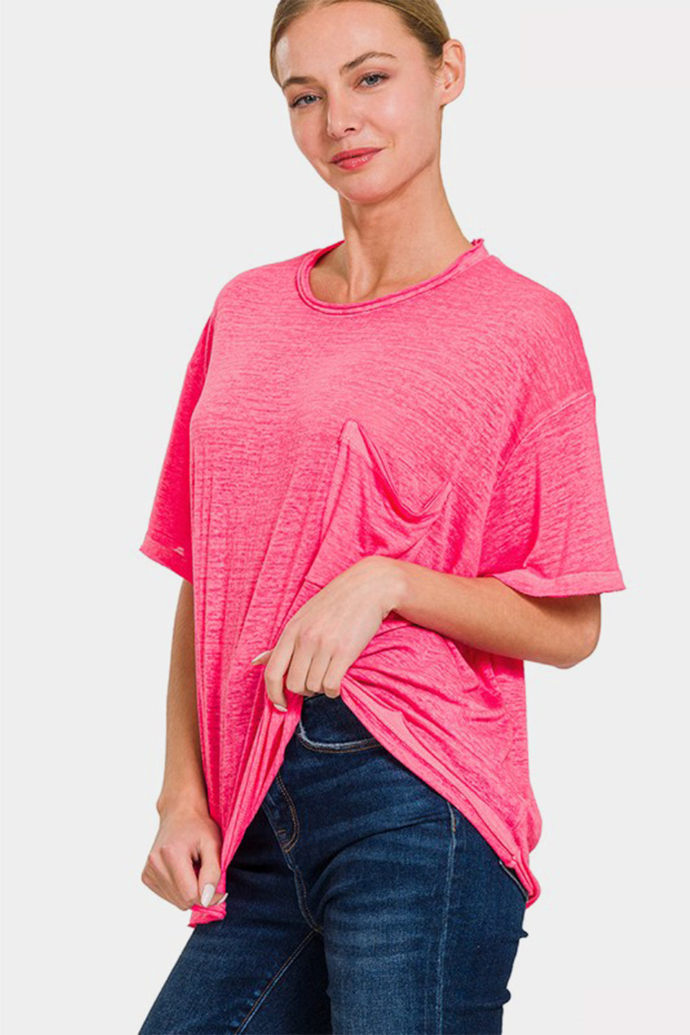 Zenana Fuchsia Pocketed Round Neck Dropped Shoulder T-Shirt Trendsi
