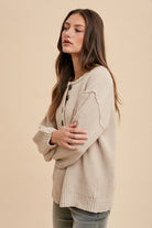 Annie Wear Oatmeal Half Button Ribbed Hem Sweater