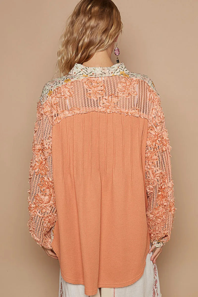 POL Vintage Washed Floral Half Button Lace Detail Balloon Sleeve Top
