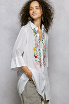 POL Ivory Floral Embroidered Half Sleeve Cotton Shirt