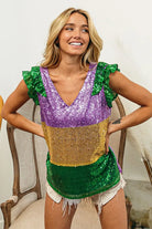 BiBi Mardi Gras Sequin Color Block Ruffled Top