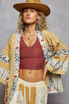 POL Raw Edge Open Front Patchwork Cardigan with Floral Trim HONEYGOLD