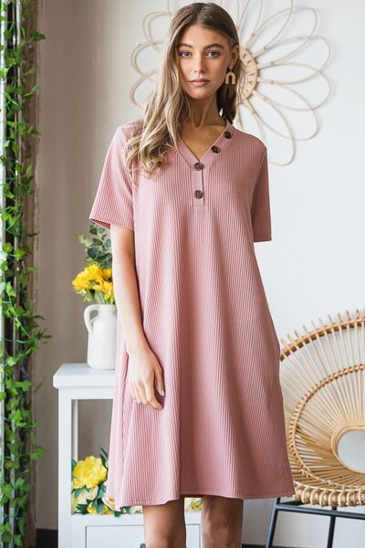 Heimish Solid Ribbed Rose Mini Dress with Buttons