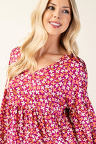 Celeste Magenta Floral V-Neck Balloon Sleeve Blouse