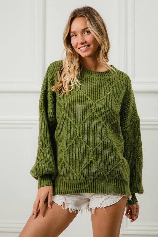 BiBi Moss Green Diamond Textured Round Neck Long Sleeve Sweater Moss