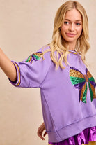 BiBi Lavender Mardi Gras Theme Ribbon Sequin Patched Top
