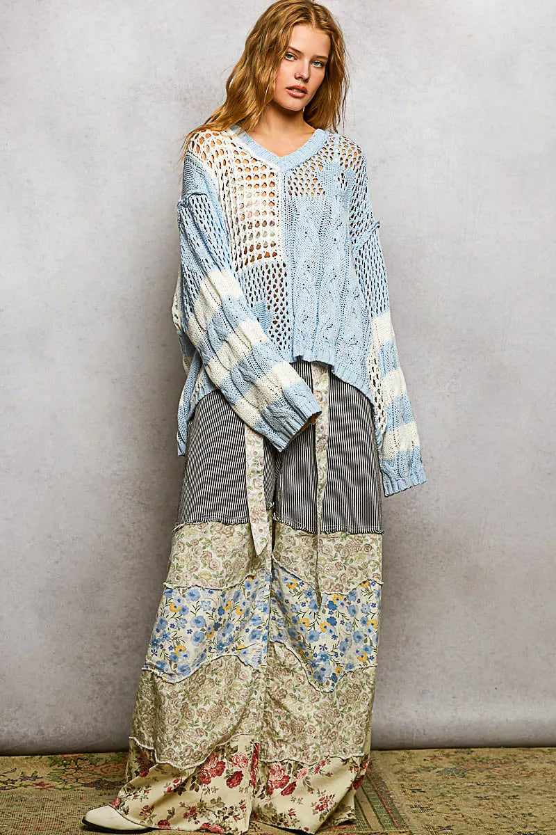 POL Sky Blue Color-Blocked Stripe Pattern Knit Top with Twisted Weave