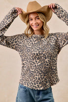 BiBi Leopard Print Washed Waffle Thermal Top with Thumbholes