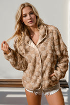 Preorder Double Take Checkered Long Sleeve Fuzzy Jacket Camel Trendsi