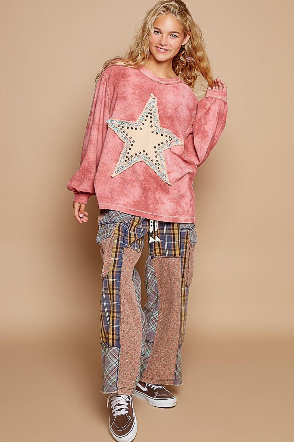 POL Mulberry Washed Star Patch With Studded Top Trendsi