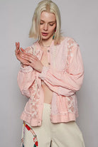 POL Powder Pink Exposed Seam Button Down Hooded Jacket with Lace Detail
