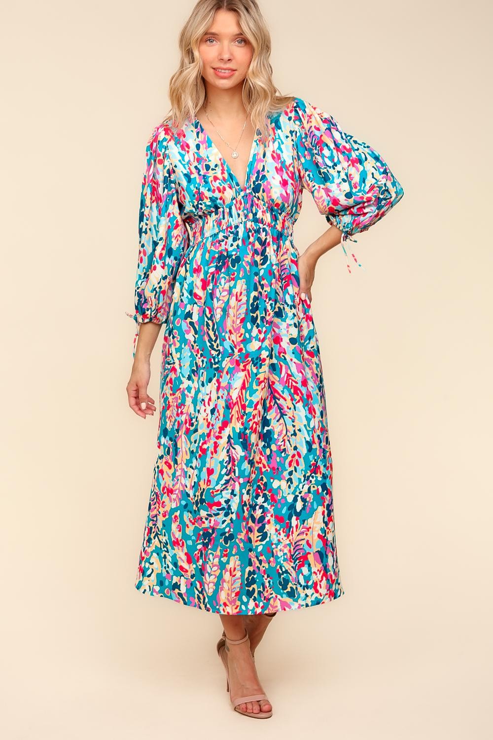 Haptics Turquoise Vintage Floral V-Neck Midi Dress with Side Pockets Large