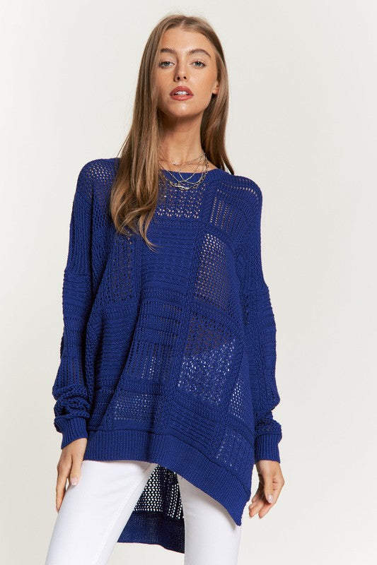 Davi & Dani Navy Openwork Side Slit Drop Shoulder Knit Cover Up Navy Shirts & Tops