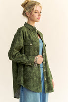 Davi & Dani Army Green Curved Hem Diamond Quilted Button Up Denim Shacket Trendsi