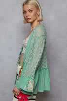 POL Mint Green Flare Sleeve with Lace & Ruffled Hem Open Front Cardigan
