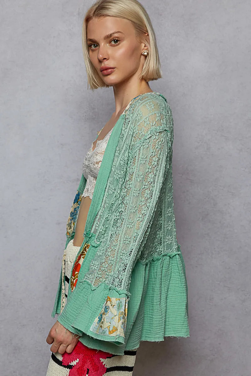 POL Mint Green Flare Sleeve with Lace & Ruffled Hem Open Front Cardigan