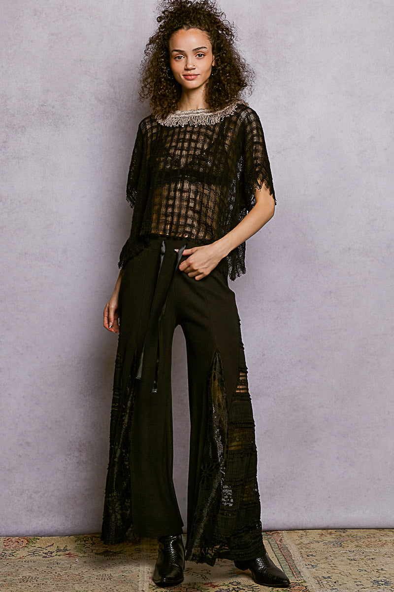 POL Black Textured Raw Hem Round Neck Short Sleeve Top