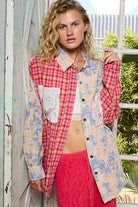 POL Patchwork Plaid Button-Up Shirt with Contrast Pockets