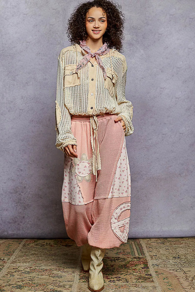 POL Cream Multi Texture Woven Button Down Hooded Shirt with Drawstring Hem