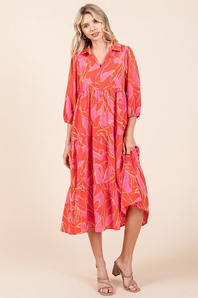 Mittoshop Coral Tiered Printed Collared Neck Midi Dress Coral