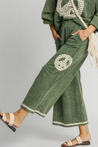 Umgee Moss Peace Lace Applique Mineral Wash Wide Leg Pants