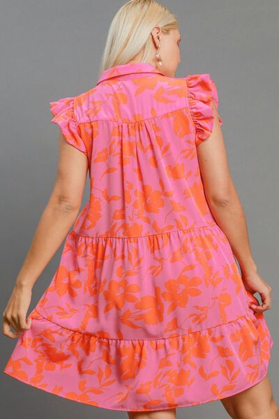 Umgee Pink & Orange Floral Print Ruffle Cap Sleeve Tiered Dress