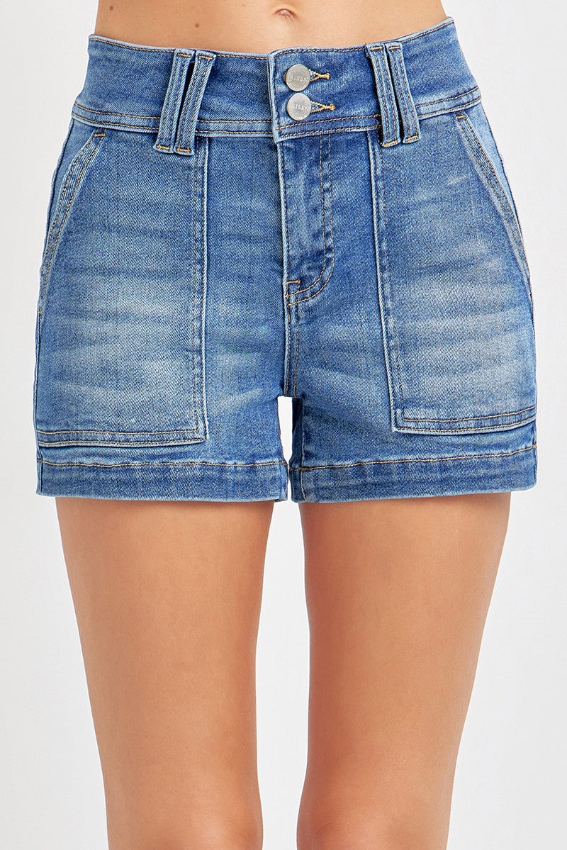 RISEN High Rise Patched Front Pocket Shorts