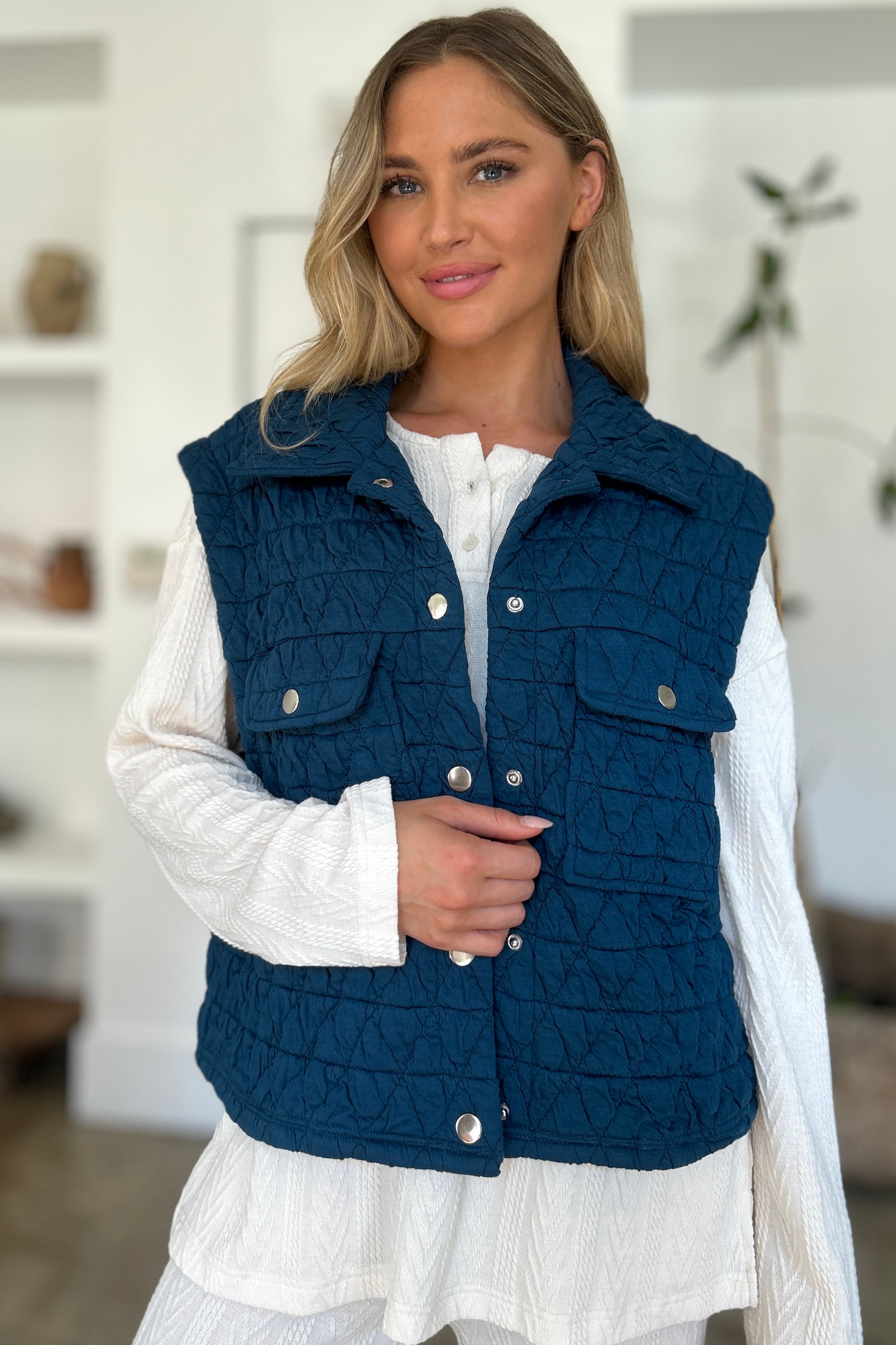 Double Take Pocketed Quilted Textured Snap Down Vest Coat Trendsi