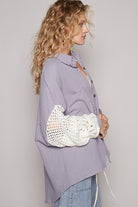 POL Ash Grey Openwork Lantern Sleeve Button Down Gauze Shirt Shirts & Tops