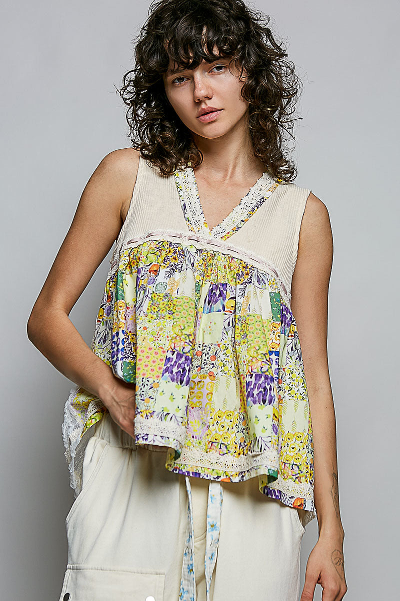 POL Vanilla Cream Floral V-Neck Sheer Tank with Lace Trim VANILLA CREAM